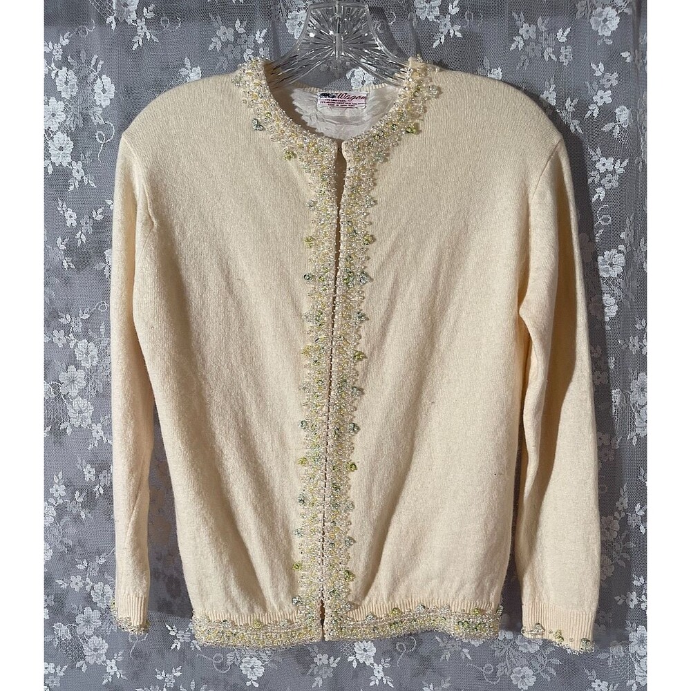 Vintage 50s Beaded Cardigan Lambswool Angora Sweater Ivory S M Hong Kong